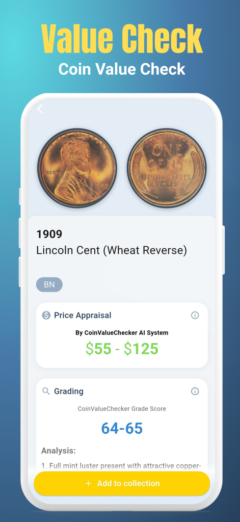 Mobile app interface showing the appraisal and grading of a 1909 Lincoln Cent coin.