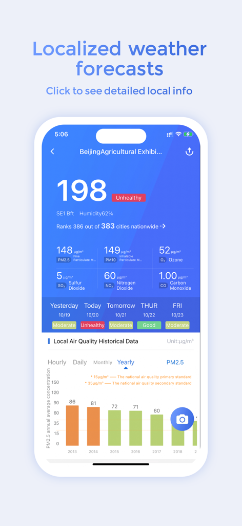 Blue Map - Detailed air quality dashboard on the Blue Map mobile application showing pollutant levels and historical data chart