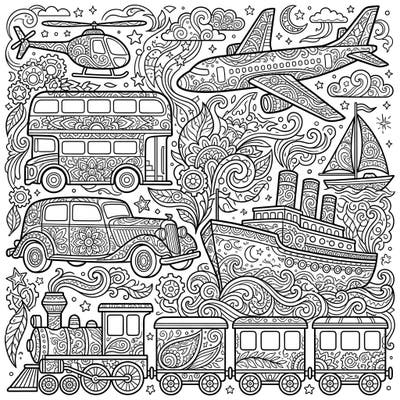 Dive into a world of detailed transport with this intricate vehicle art coloring page designed for adults. Discover a captivating collection of cars, planes, trains, and boats, each adorned with mesmerizing patterns perfect for mindful coloring.