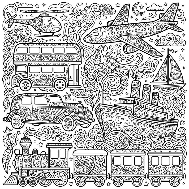 Dive into a world of detailed transport with this intricate vehicle art coloring page designed for adults. Discover a captivating collection of cars, planes, trains, and boats, each adorned with mesmerizing patterns perfect for mindful coloring.