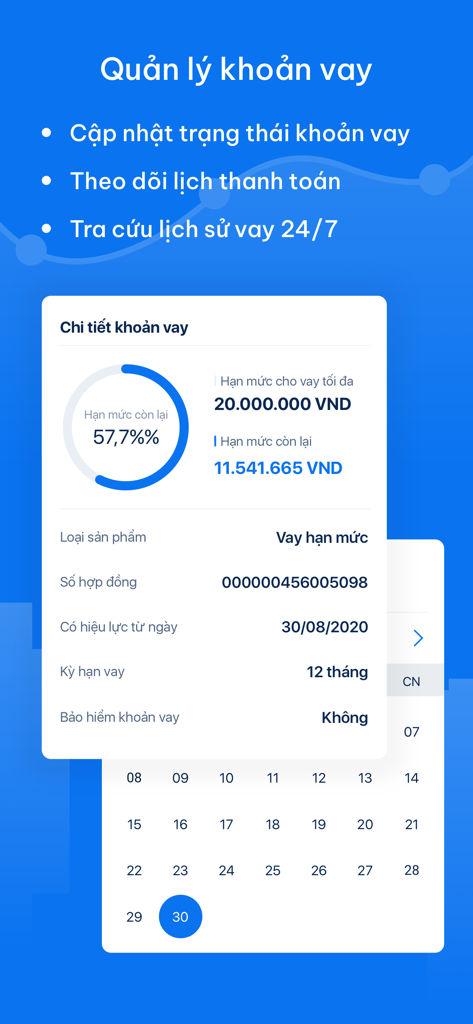 Interfaz de la aplicación móvil Mcredit para rastrear detalles del préstamo, incluido el límite de crédito restante y un calendario de pagos.