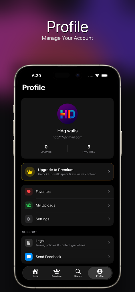 HDQWalls - HDQWalls user profile showing favorites and premium upgrade option