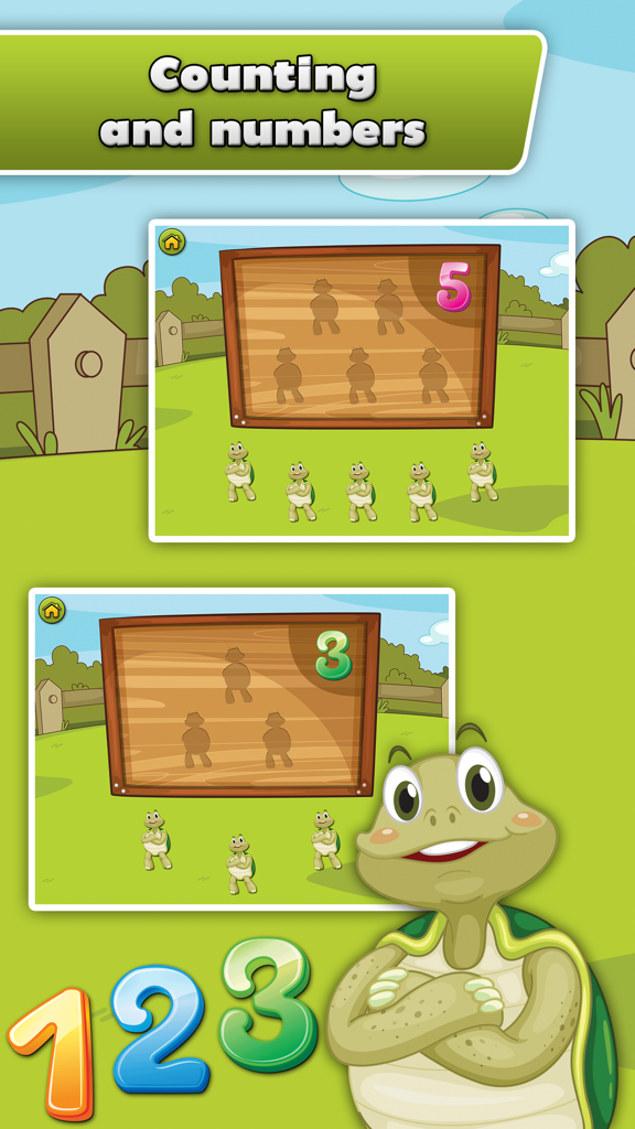 Turtle Math for Kids - Children Learn Numbers, Addition and Subtraction - Preschool educational game screen showing a happy turtle and counting activities with numbers
