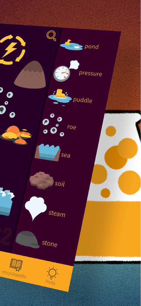 Little Alchemy 2 - A menu in Little Alchemy 2 showing various discovered elements like pond, pressure, and sea with their icons.