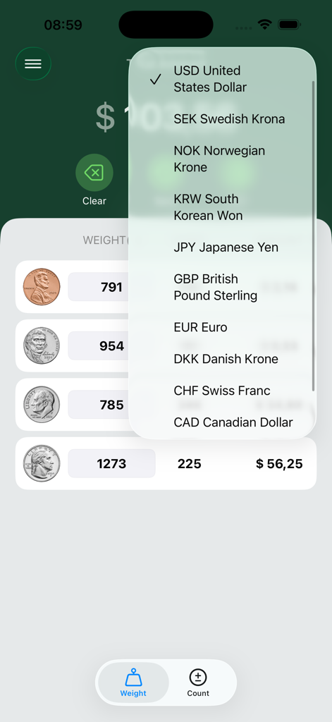 Coin Counter - CoinPouch - Menü zur Währungsauswahl in der CoinPouch-App, das verschiedene internationale Währungsoptionen zum Zählen von Münzen nach Gewicht anzeigt