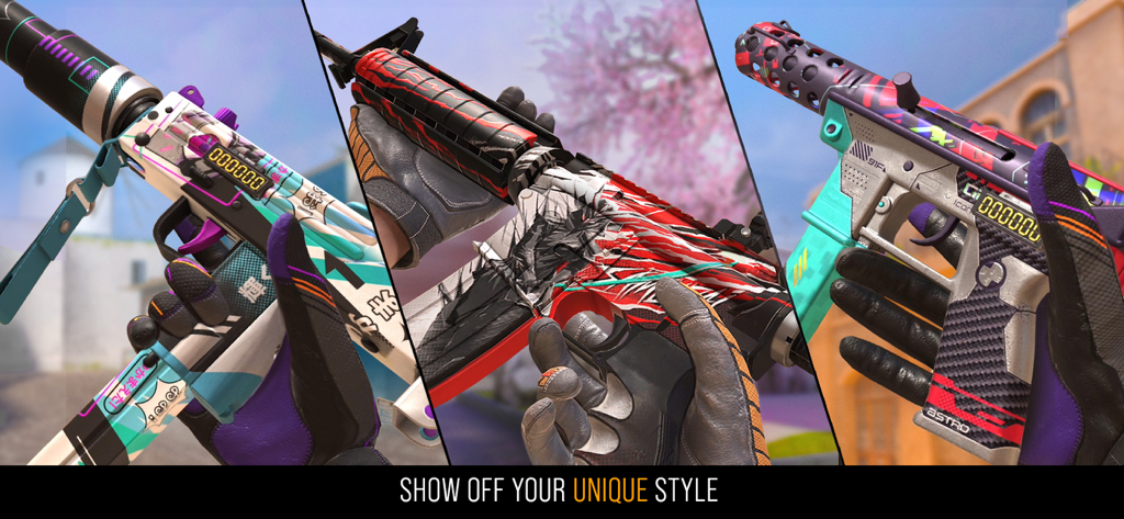 A collage of three different weapons in Standoff 2 showcasing colorful custom skins with the text Show off your unique style.