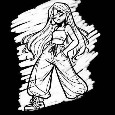 girl in baggy pants crop top and long hair