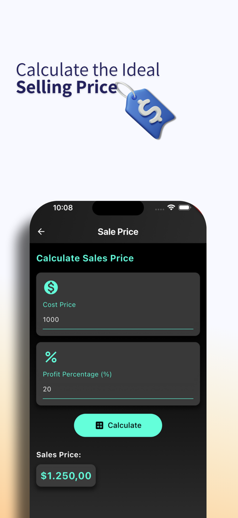 CuentaPro: Finance & Business - Interfaz de la aplicación móvil de CuentaPro que muestra una calculadora de precio de venta con campos para el precio de costo y el porcentaje de ganancia