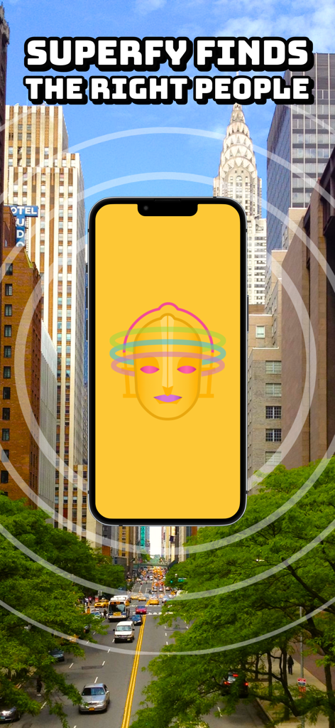 A smartphone displaying the Superfy logo over a busy city street with the caption Superfy finds the right people.