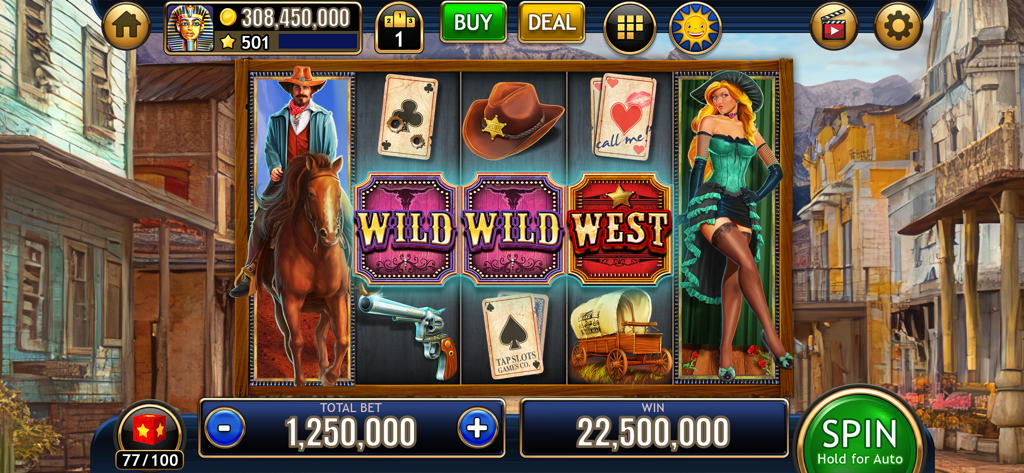 Wild West themed slot machine in Vegas Slots Galaxy Casino featuring a cowboy and a saloon girl with a big win notification