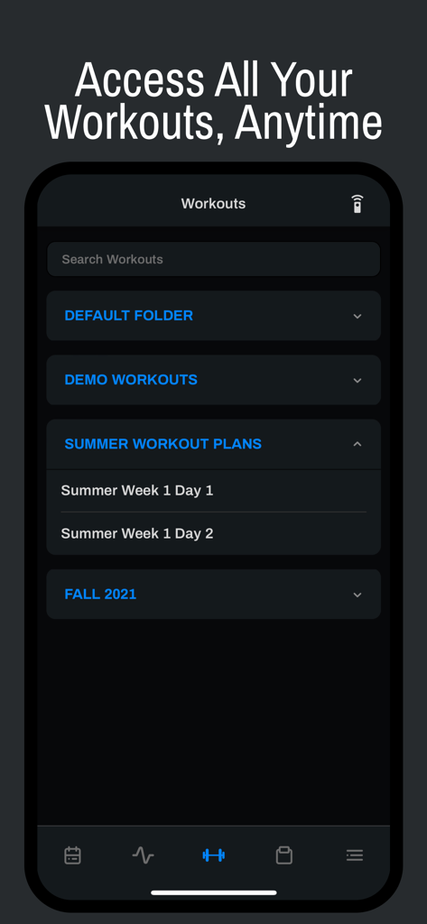 Interface do aplicativo móvel RackCoach mostrando pastas organizadas para planos de treino de verão e outono