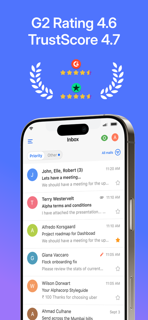 Neo Email & AI Site Creator - Capture d'écran mobile de la boîte de réception Neo Email montrant les notes élevées des utilisateurs de G2 et TrustScore.