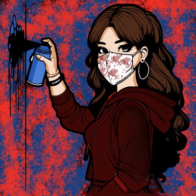 realistic girl with mask spray painting a wall
