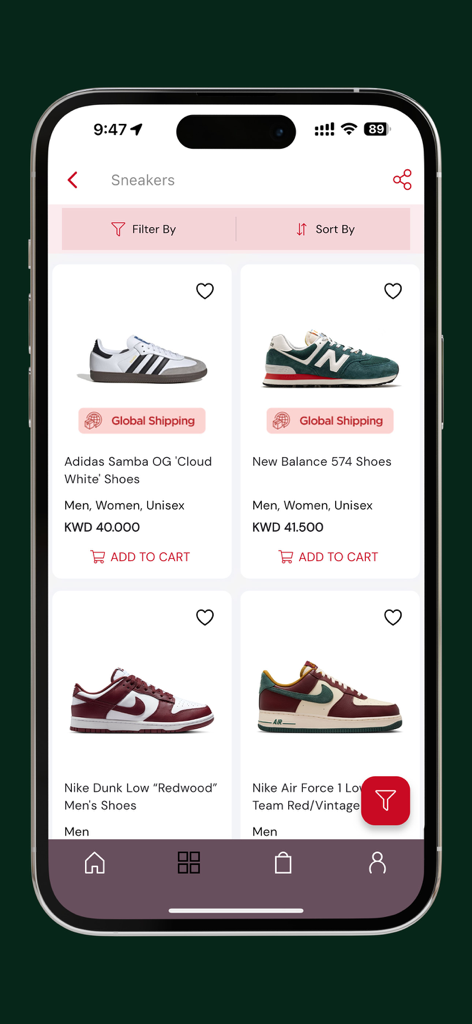 The Athlete's Foot mobile app screen displaying a catalog of sneakers from Adidas, New Balance, and Nike with pricing and add to cart options.