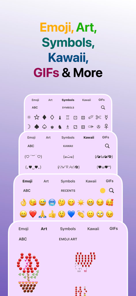 A display of several keyboard interfaces including symbols, kawaii characters, emojis, and emoji art.
