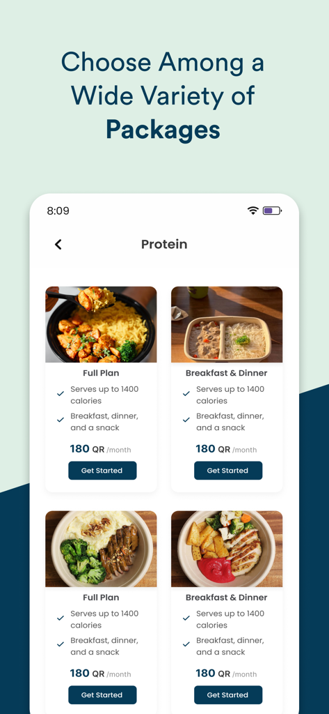 Pantalla de la aplicación Greenish que muestra varios planes de suscripción de comidas proteicas saludables