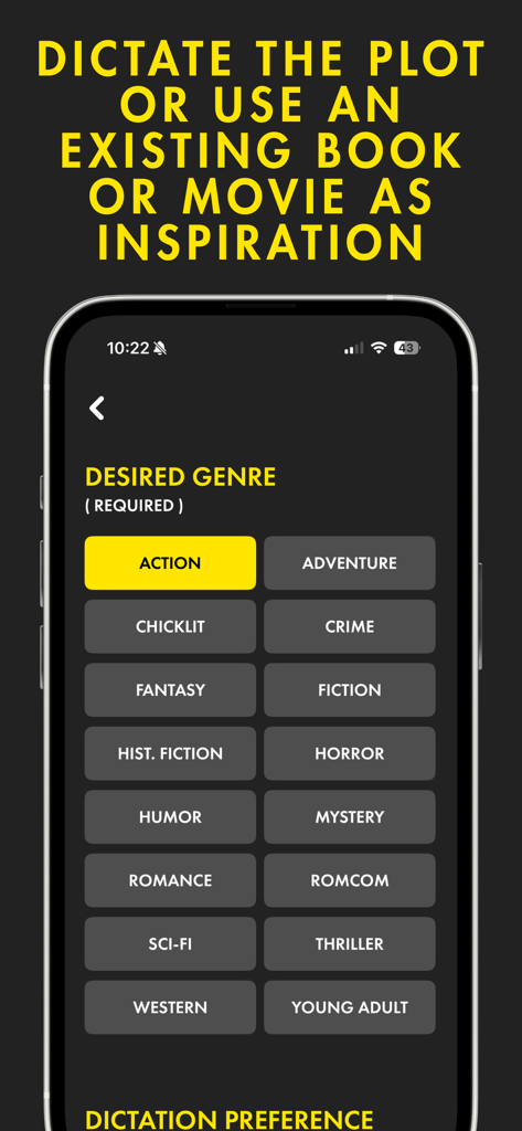 Noval: AI Story Creator - Noval app interface showing a list of genres to choose from for creating an AI book including action fantasy and romance