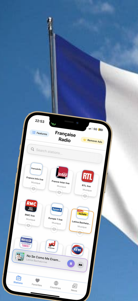 iPhone showing the MonRadio France app with a list of French radio stations such as France Inter and RTL over a French flag background
