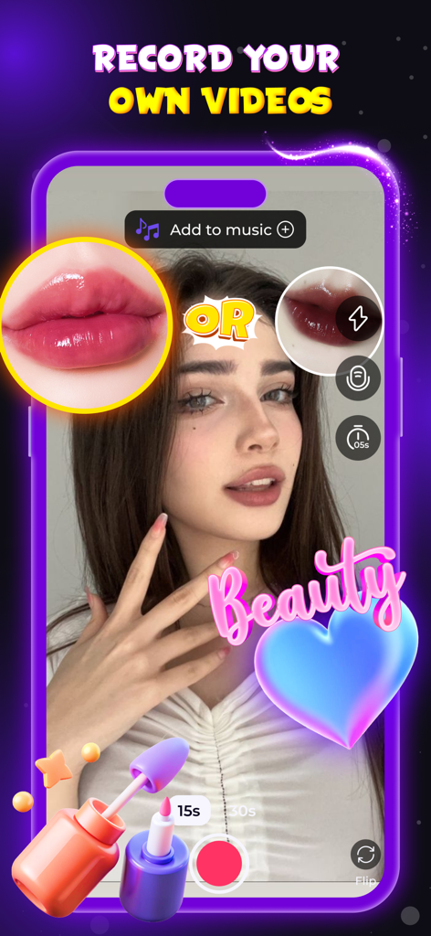 This or That: Funny Filter - Uma jovem usando o aplicativo This or That para gravar um vídeo com filtro de beleza com escolhas de maquiagem para os lábios.