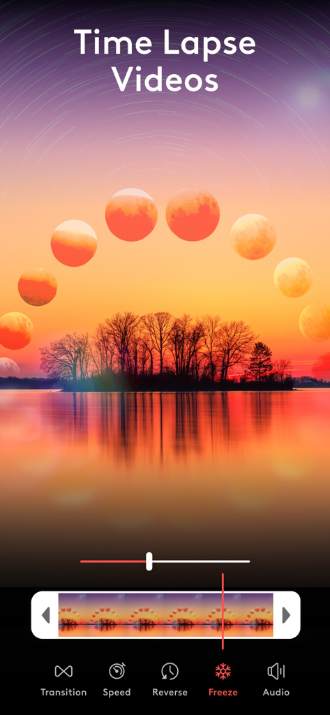 Interfaz de la aplicación móvil Videoleap mostrando una edición de video en lapso de tiempo de las fases lunares sobre un lago al atardecer con herramientas de edición como congelar y velocidad.