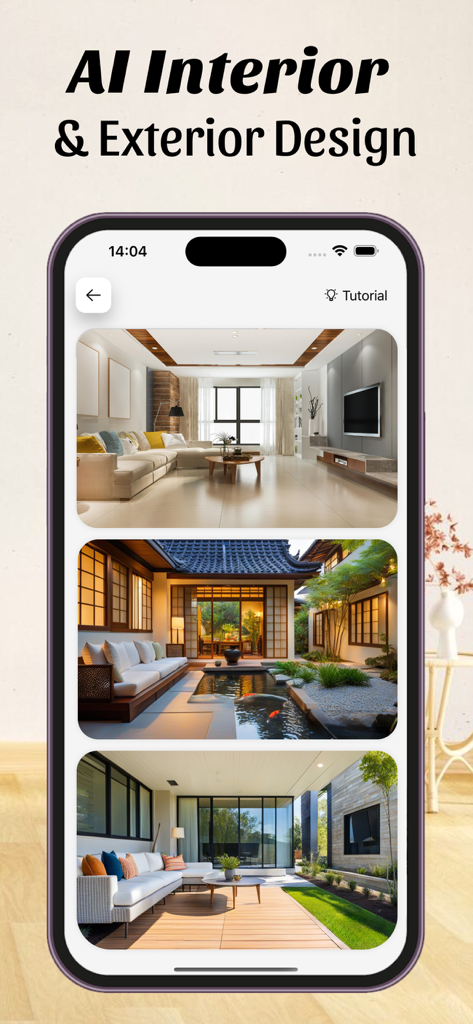 KI-Innen- und Außenarchitektur-App, die Wohnzimmer- und Innenhof-Renderings zeigt