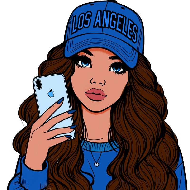 realistic beautiful girl wearing los ángeles cap holding an iphone