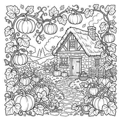 Step into a serene Cottagecore world with this delightful coloring page featuring a charming rustic cottage enveloped by lush pumpkin vines. Enjoy the cozy autumn vibes as you bring this pastoral scene to life with your favorite colors.