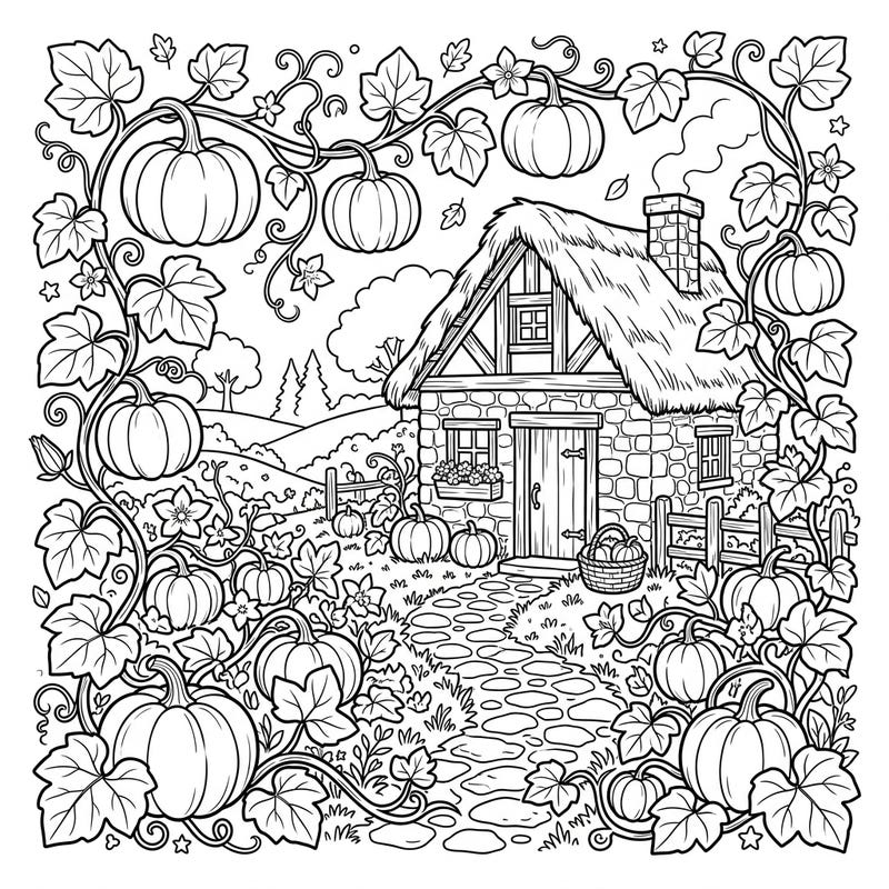 Step into a serene Cottagecore world with this delightful coloring page featuring a charming rustic cottage enveloped by lush pumpkin vines. Enjoy the cozy autumn vibes as you bring this pastoral scene to life with your favorite colors.