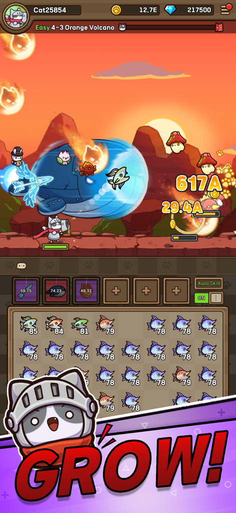 Cat Hero : Idle RPG - Caballero gato en batalla contra monstruos con una cuadrícula de mecánica de fusión de peces en Cat Hero Idle RPG