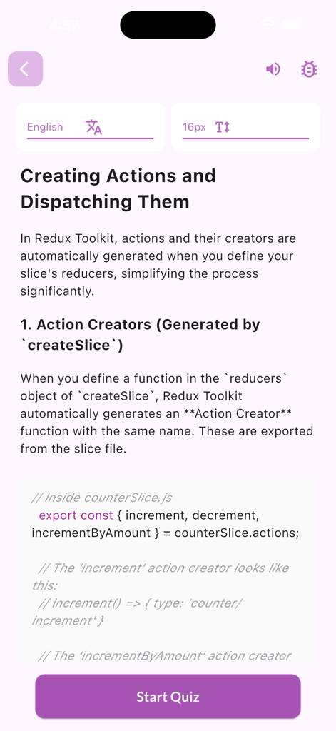 Learn Redux - Mobile app interface showing a lesson on Redux Toolkit action creators with a code snippet and a start quiz button.