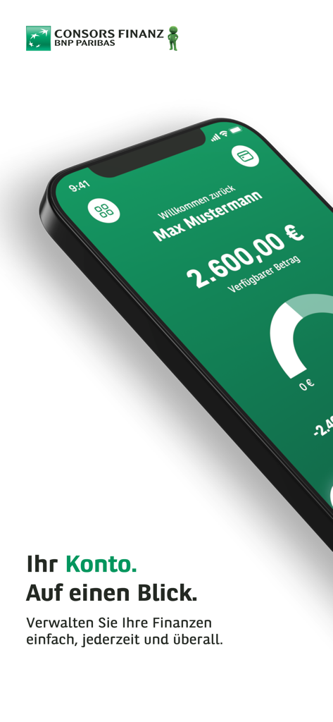 Consors Finanz Mobile Banking - Benutzeroberfläche der Consors Finanz Mobile Banking App mit Kontostand und Überblick über den verfügbaren Kredit.