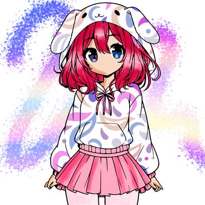 pretty anime girl wearing a fluffy hoodie with bunny ears on the hood and a skirt