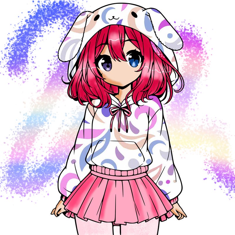 pretty anime girl wearing a fluffy hoodie with bunny ears on the hood and a skirt