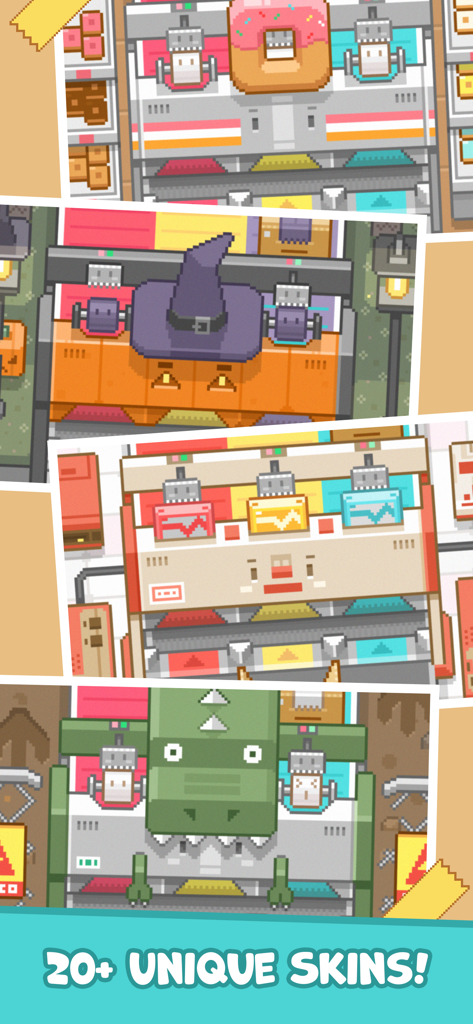 Box It Up! Inc. - Collage of four different pixel art character skins in Box It Up Inc featuring a donut witch pumpkin and dinosaur theme