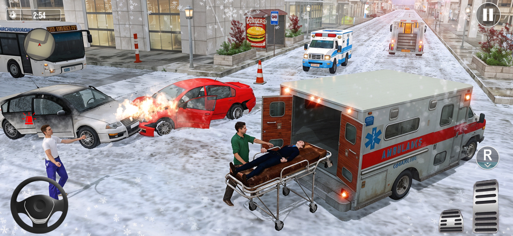 Paramedics loading a patient on a stretcher into an ambulance at a snowy car accident scene.