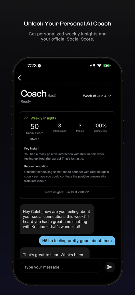 Socialite: Stay Connected - Interface of Socialite app showing the AI Coach dashboard with a social score of 50 and weekly interaction insights