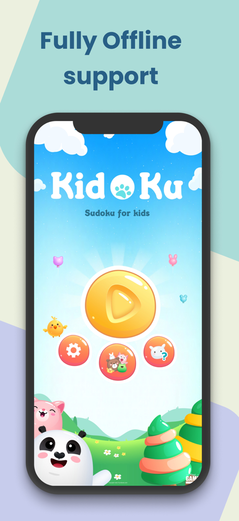 Kidoku – Kids Sudoku Puzzle - Das Hauptmenü der Kidoku Sudoku für Kinder App mit bunten Charakteren und einem Play-Button