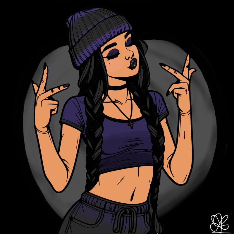 realistic teenage girl with braids and a beanie and crop top doing 🫶🏼