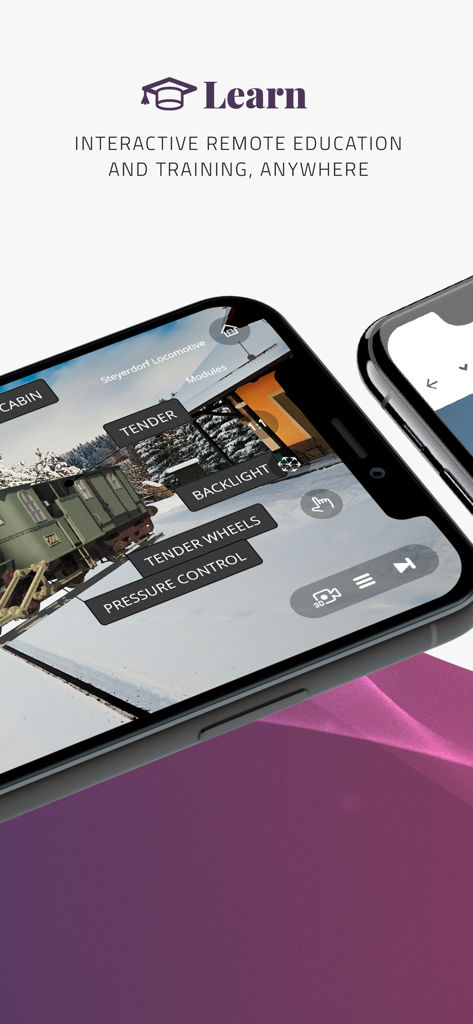 EON-XR App-Oberfläche, die ein interaktives 3D-Lokomotivmodell mit Beschriftungen für Training und Fernunterricht anzeigt