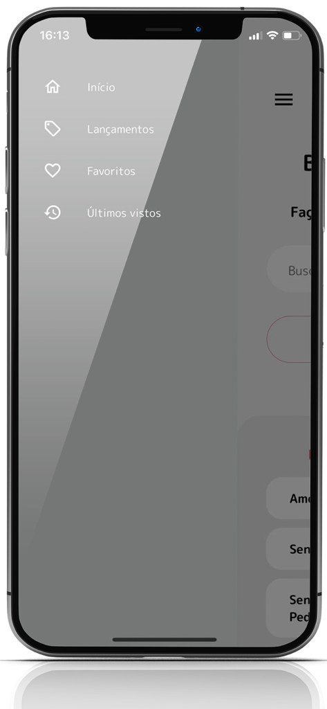 DS Auto - Navigation drawer menu of the DS Auto mobile app showing options for home, new releases, and favorites