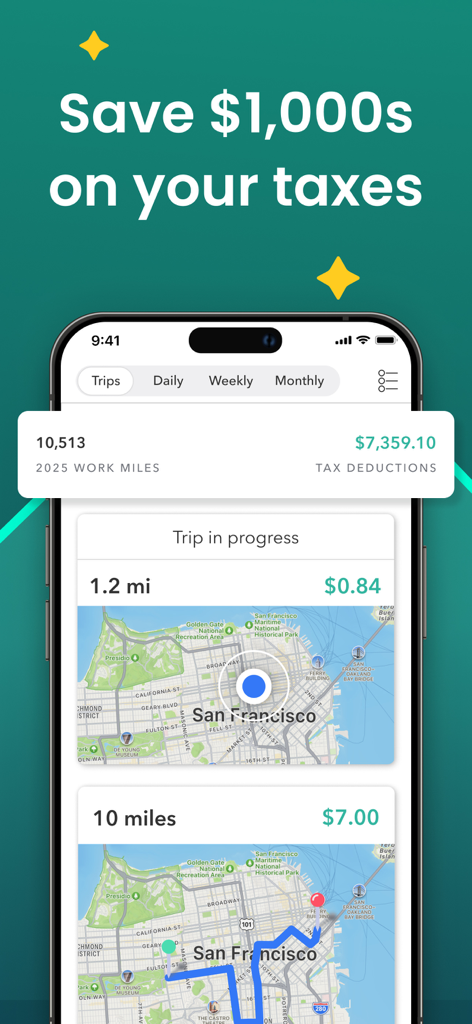Interfaccia dell'app Everlance che mostra il tracciamento automatico del chilometraggio e le detrazioni fiscali calcolate per i lavoratori