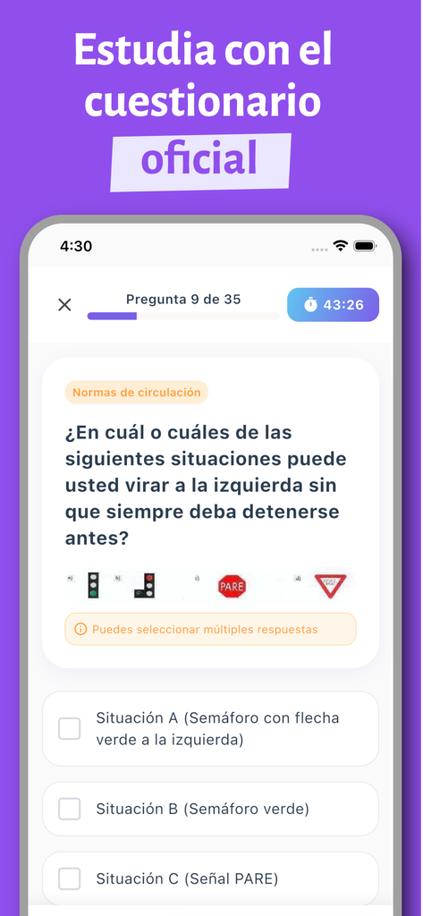 Interface of Conduzy app showing a multiple-choice question for the Chilean driving exam.