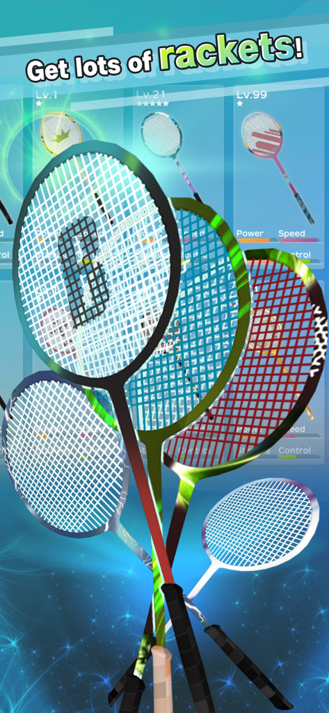 Badminton 3Ｄ - A group of various colorful badminton rackets from the Badminton 3D game