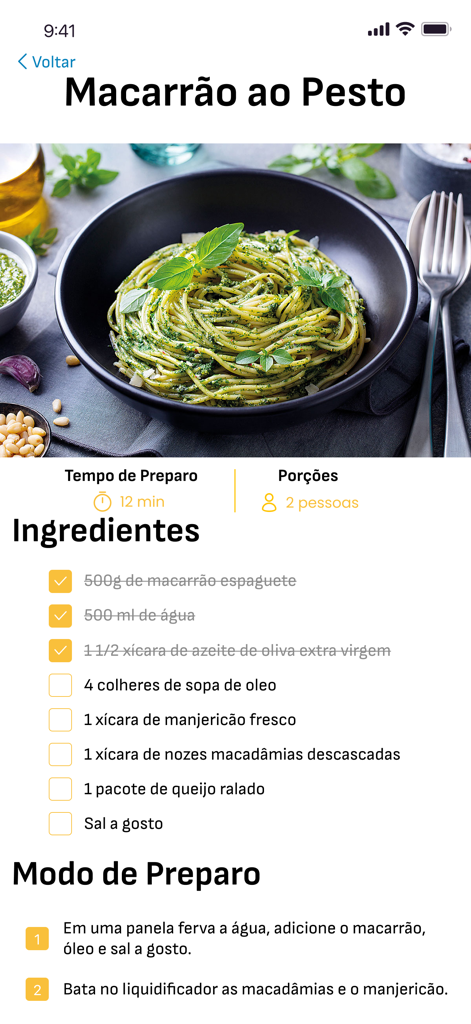 Conquistas na Panela - Pesto pasta recipe screen with ingredient checklist and preparation steps