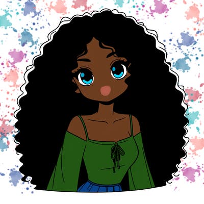 a black anime girl with long afro hair