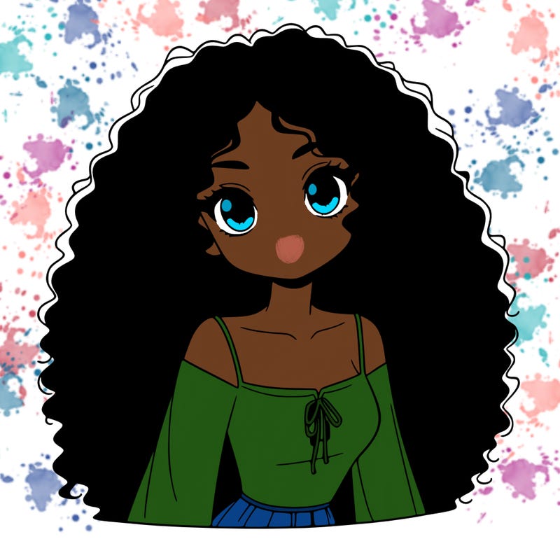 a black anime girl with long afro hair