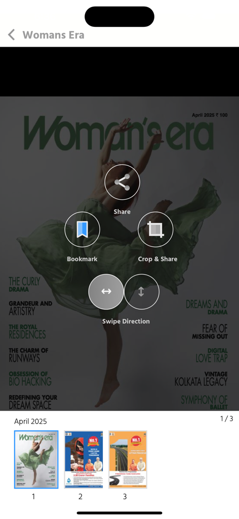 Woman's Era - Interface of the Woman's Era digital magazine app showing sharing and bookmarking features over an April 2025 issue cover.