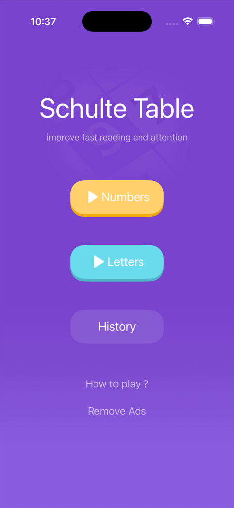 Home screen of the Schulte Table app showing options for Numbers and Letters training modes