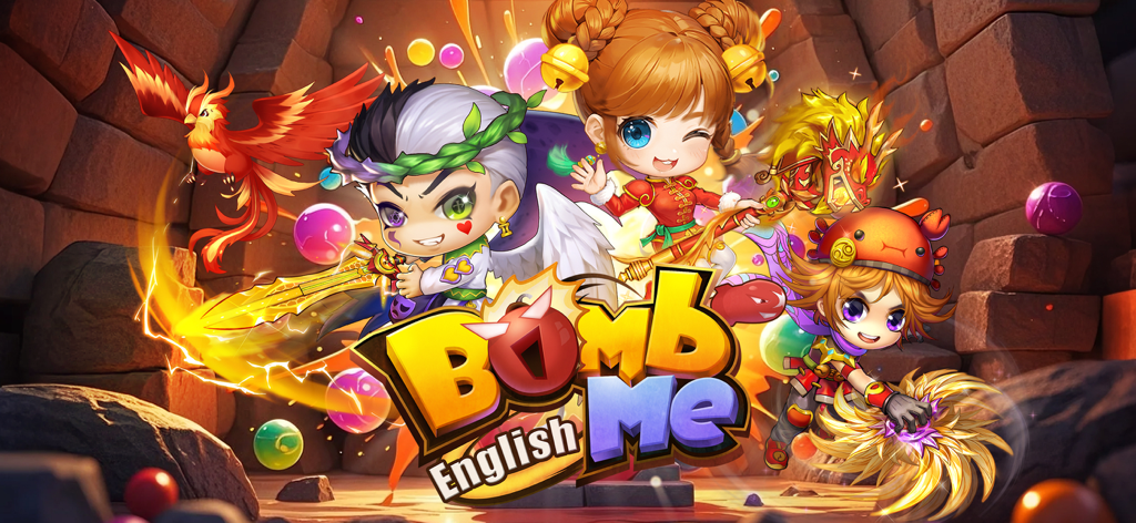 Werbegrafik für Bomb Me English mit niedlichen Chibi-Anime-Charakteren mit Waffen und bunten Spezialeffekten