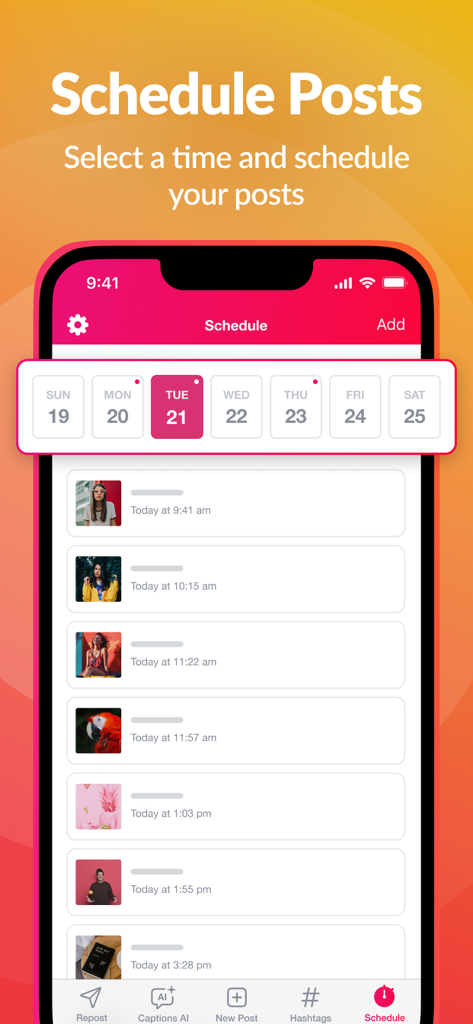 A mobile app interface showing a weekly calendar and a list of scheduled Instagram posts in the Repost Plus app.